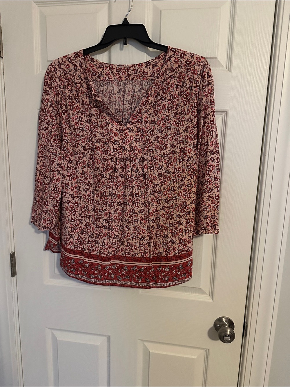 Red Paisley Print Women’s Blouse - Lightweight V-Neck Top